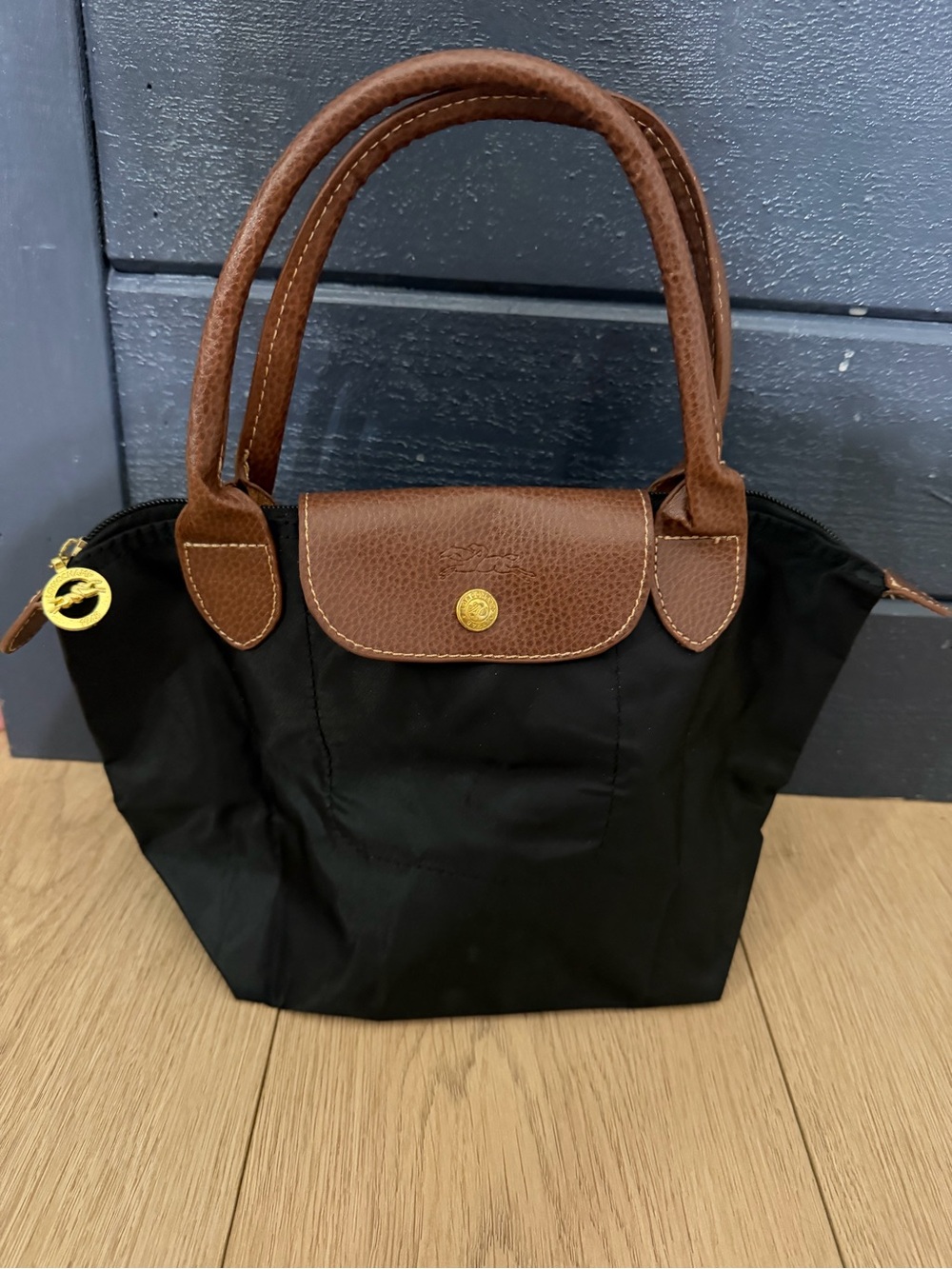 Black Nylon Tote with Brown Leather Trim
